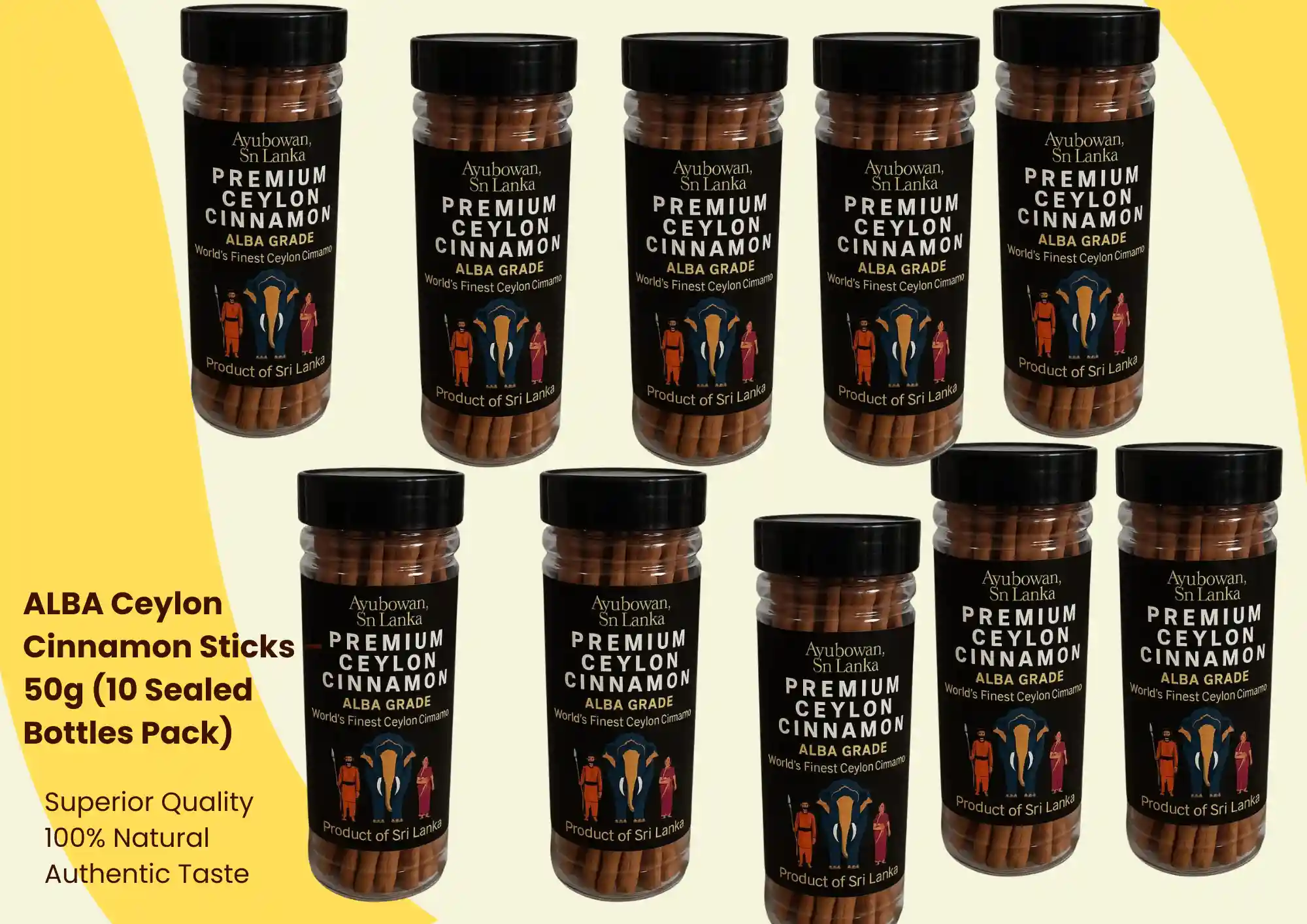 Premium ALBA Grade True Ceylon Cinnamon Sticks – (1.76 oz / 50 g)/ Seal 50g 10 Sealed Bottles Pack | Handmade in Sri Lanka | Village Cooking Ceylon